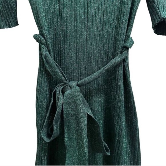 Flying Tomato Puff Sleeve Lurex Ribbed Dress Size S Green Self-Tie Waist Midi - Picture 13 of 16